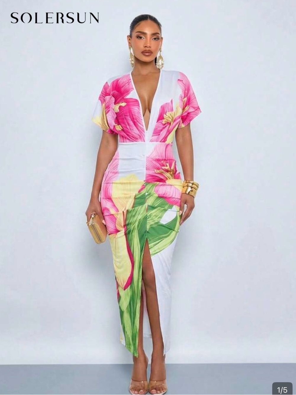 SHEIN Ladies, White Maxi Dress with Pink Floral & Green Leaves. XL NEW